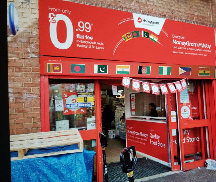 MoneyGram storefront branding on a food store